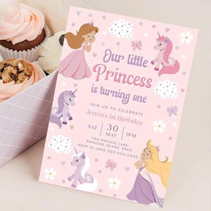 Princess Invitation One. Our Little Princess & Unicorn 1st Birthday Invite Printable Pastel Pink First Party Theme Canva Digital Download P2
