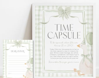 Silly Goose Time Capsule Sign Editable Sage Green 1st Birthday One Goose Game Card Pastel Bow Party Printable Digital Canva Template G8