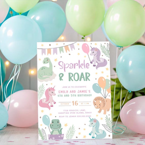 Unicorn and Dinosaur Invitations. Editable Digital Template. Instant Download. Sibling Joint Party. Dual Boy Girl Double Birthday Theme. D1