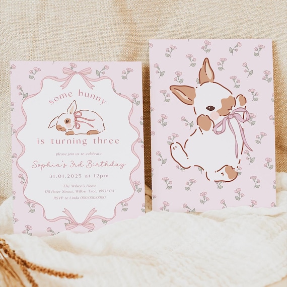 Some Bunny Is Three. Girl 3rd Birthday Invite. Editable Pink Bow Coquette Invitation. Turning 3 Rabbit Theme. Printable Floral Template. R4