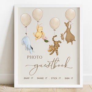 Photo Guestbook Sign. Baby Shower Signs. Classic Winnie the Pooh Balloons Signage. Instant Digital Download Editable Printable Decoration N1