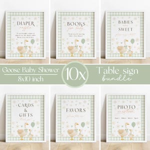 Goose Baby Shower Decoration Bundle. Gender Neutral Gingham Mother Goose Table Sign. Editable Sage Green Printable Little Silly Goose Set G3
