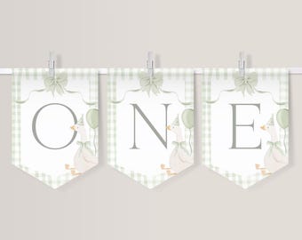 One High Chair Banner Goose. Sage Green Gingham Goose Garland Coquette 1st Birthday Bunting Banner Digital Editable Party Supplies Canva G8