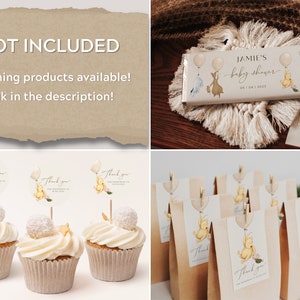 May include: A Winnie the Pooh themed baby shower with brown paper bags with Winnie the Pooh illustrations, cupcakes with Winnie the Pooh toppers, and a chocolate bar wrapper with Winnie the Pooh characters and the text "JAMIE'S baby shower 08.10.2023".