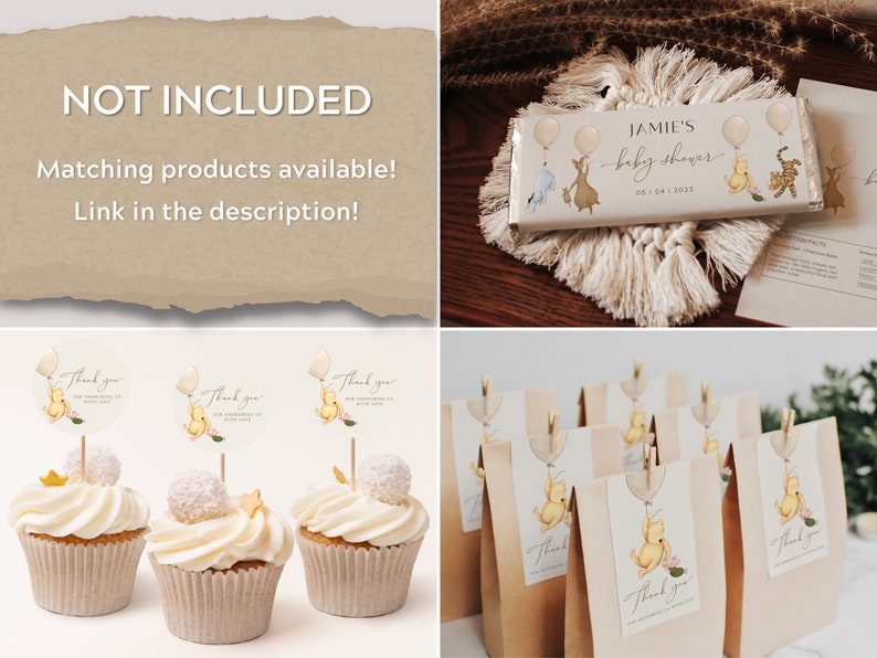 May include: A Winnie the Pooh themed baby shower with brown paper bags with Winnie the Pooh illustrations, cupcakes with Winnie the Pooh toppers, and a chocolate bar wrapper with Winnie the Pooh characters and the text "JAMIE'S baby shower 08.10.2023".