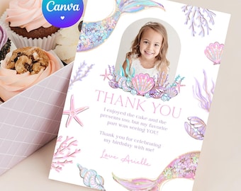 Mermaid Tail Thank You Note. Printable Birthday Party Thank You Card with Photo. DIY Editable Pastel Under the Sea Theme Digital Download Z8