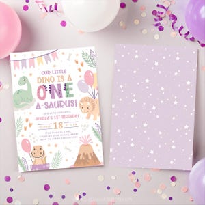 Pink Cute Baby Dino 1st Birthday Invitation