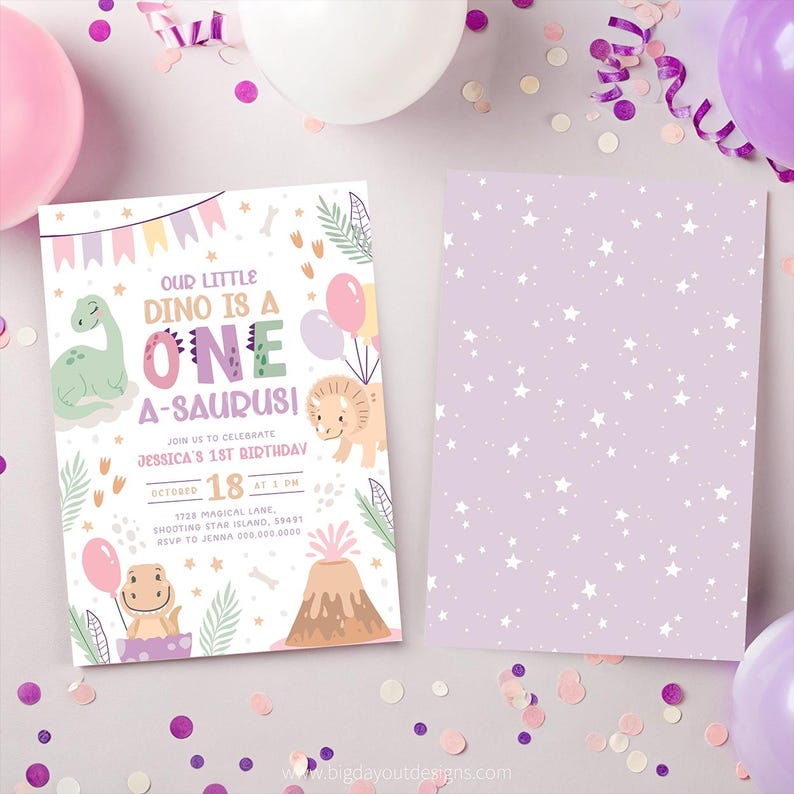 Pink Cute Baby Dino 1st Birthday Invitation