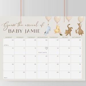 Winne the Pooh Baby Due Date Calendar. Vintage Winnie Predictions Sign. Baby Shower Signs. Gender Neutral Pregnancy Calendar Balloons.  N1