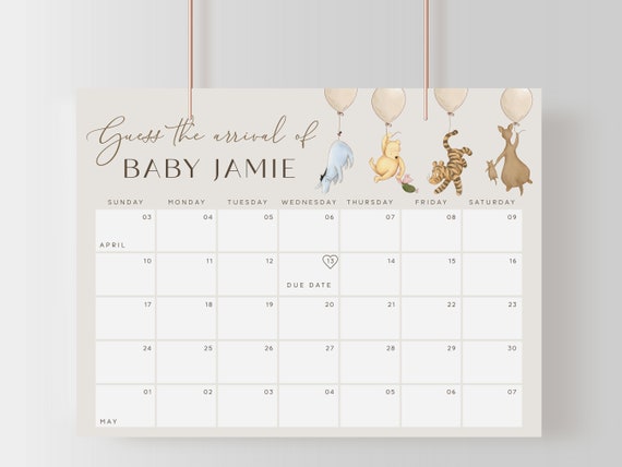 Winne the Pooh Baby Due Date Calendar. Vintage Winnie Predictions Sign. Baby Shower Signs. Gender Neutral Pregnancy Calendar Balloons.  N1