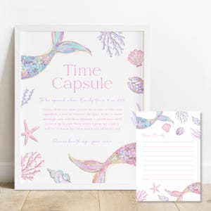 Mermaid Tail Time Capsule Sign. Oneder the Sea Party Game Cards. Ocean Life Pastel Decorations Printable Canva Template Pink Purple Theme Z8