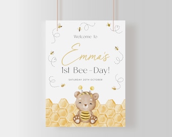 Editable Bee First Birthday Welcome Sign. Custom First Bee Day Decor & Party Supplies. 1st Birthday Digital Templates Baby Girl Boy. J1