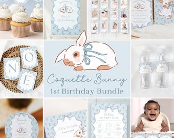 Some Bunny Is One Bundle. Blue Bow Coquette First Birthday Party. Boy Vintage Rabbit Decor. Easter 1st Birthday Floral Editable Template. R5