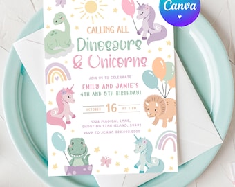 Joint Birthday Party Brother and Sister. Unicorn Dinosaur Birthday Invitations. Kids Printable Sibling Invite. Dual Boy Girl Double Theme D1
