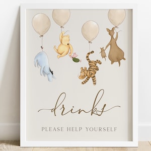 Winnie the Pooh Drinks Bar Sign. Classic Pooh 1st Birthday, Baby Shower, Gender Reveal Table Decorations. Winnie Balloons Party Signage. N1