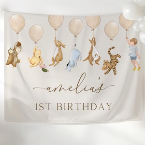 Editable Classic Pooh Backdrop. Digital Girl Boy Party Banner. Vintage Winnie the Pooh Bear First Birthday Balloon Template 36x26 inch. B2