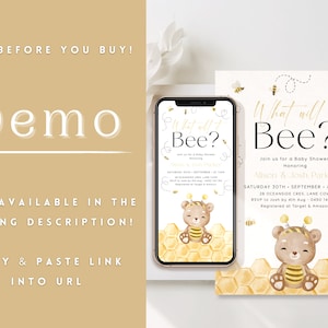 May include: A printable baby shower invitation with a yellow and white honeycomb pattern. The invitation features a cartoon bear wearing a yellow and black bee costume. The text on the invitation reads "What will it Bee?" and includes the date, time, and location of the baby shower.