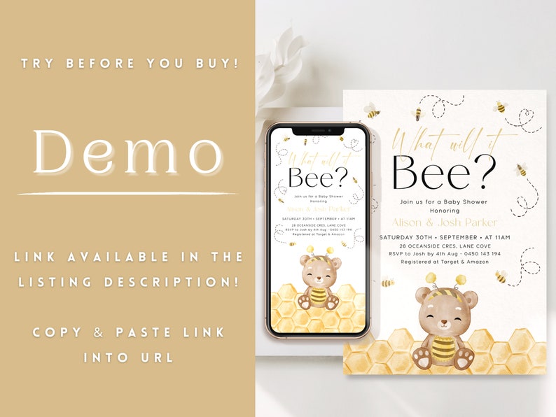 May include: A printable baby shower invitation with a yellow and white honeycomb pattern. The invitation features a cartoon bear wearing a yellow and black bee costume. The text on the invitation reads "What will it Bee?" and includes the date, time, and location of the baby shower.