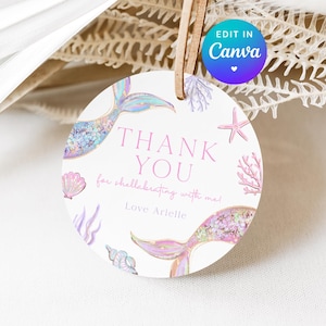 Custom Mermaid Favor Tags. Editable Shellabration Under the Sea Themed Gift Tag. DIY Printable Pastel Purple Birthday Party Thank You Tag Z8