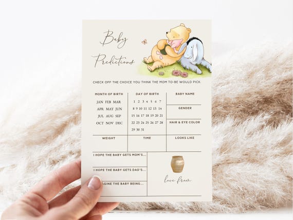 Editable Vintage Pooh Baby Predictions Game. Classic Winnie the Pooh Couples Baby Shower Printables Card. Coed Activity Digital Template. N1