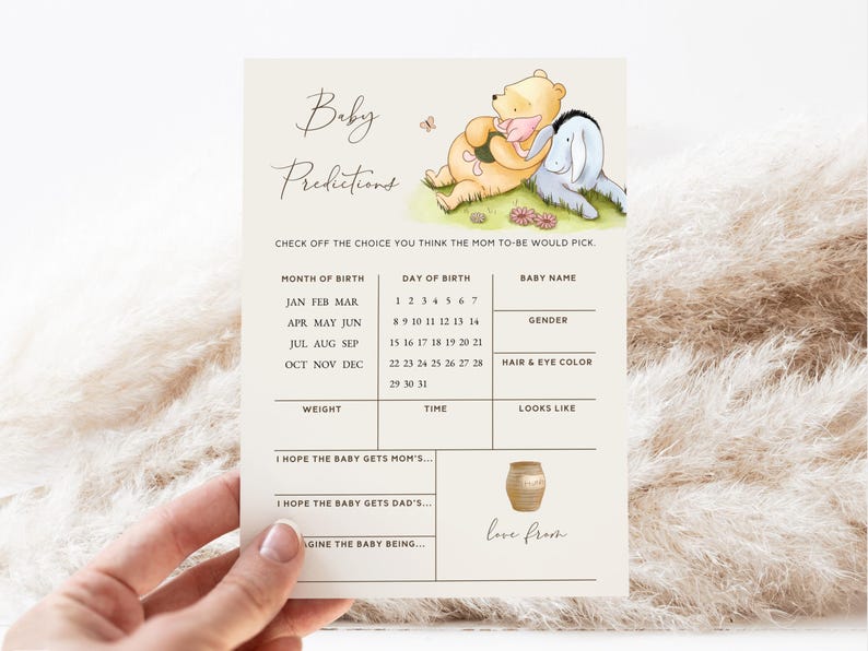 wishes for baby game
winnie the pooh game
game baby shower
pooh printables
classic pooh print
parental advice game
vintage pooh shower
pooh baby shower
editable template
predictions games
baby prediction game
predictions card
couples baby shower