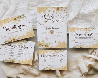 Editable What will Baby Bee Baby Shower Invitation. Mixed Gender Reveal Party/Baby Shower Invites. Digital Honey Bee Couples Baby Shower. B1