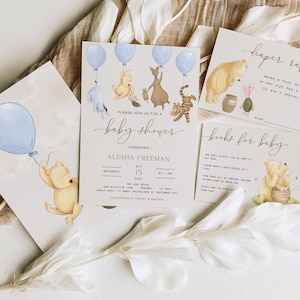 Vintage Pooh Blue Baby Shower Invites. Classic Winnie the Pooh Invitation Set. Boho Boy Themed Party Supplies. Digital Editable Template N1
