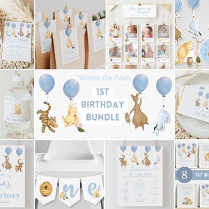 Vintage Winnie the Pooh Boy 1st Birthday Bundle. Ideas for Boy First Birthday Decoration. Classic Pooh Party Supplies. Blue Decor Package B4