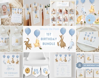 Vintage Winnie the Pooh Boy 1st Birthday Bundle. Ideas for Boy First Birthday Decoration. Classic Pooh Party Supplies. Blue Decor Package B4