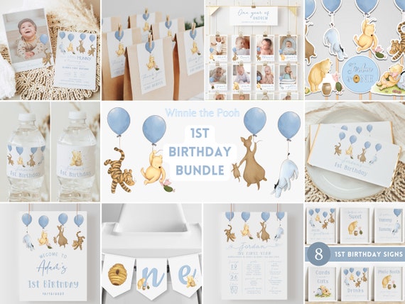 Vintage Winnie the Pooh Boy 1st Birthday Bundle. Ideas for Boy First Birthday Decoration. Classic Pooh Party Supplies. Blue Decor Package B4