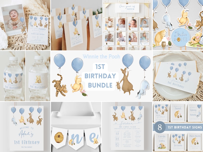 May include: A collection of Winnie the Pooh themed 1st birthday party decorations. Includes invitations, favor tags, water bottle labels, a banner, signs, and a photo display. The designs feature illustrations of Winnie the Pooh, Tigger, Piglet, and Eeyore with blue balloons.