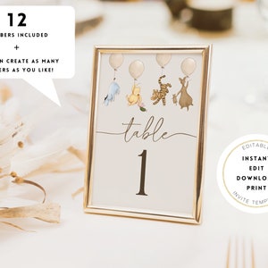 Vintage Winnie the Pooh Table Numbers. Gender Neutral Baby Shower Table Decorations. Boy OR Girl Pooh Bear Balloons Editable Printable N1 B2 image 6
