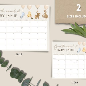 May include: Printable baby shower game featuring a Winnie the Pooh theme. The game is a calendar with a due date marked and guests can guess the arrival date of the baby. The game is available in two sizes: 24x18 inches and 10x8 inches.