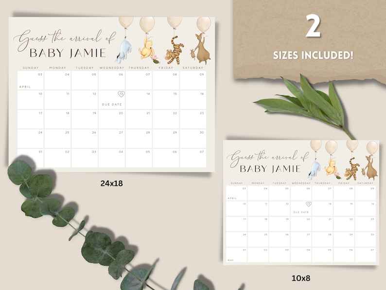 May include: Printable baby shower game featuring a Winnie the Pooh theme. The game is a calendar with a due date marked and guests can guess the arrival date of the baby. The game is available in two sizes: 24x18 inches and 10x8 inches.