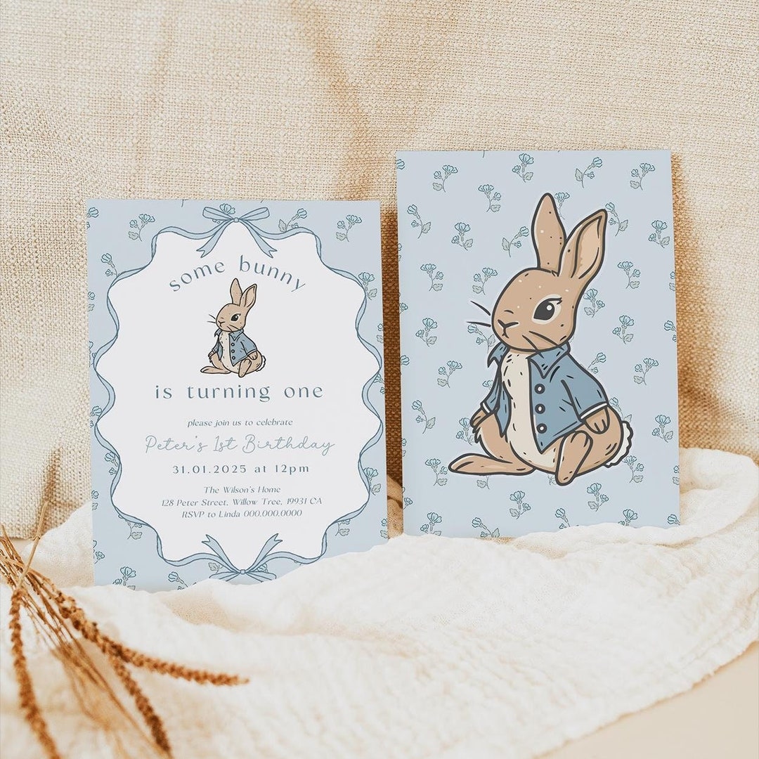 Simon The Rabbit Invitation Some Bunny is One Digital Invitation. Rustic Peter Rabbit 1st Birthday ...