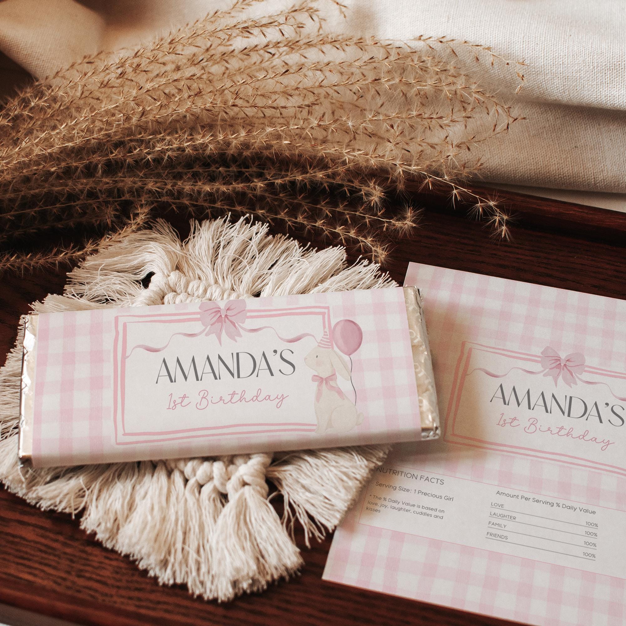 Some Bunny Party Favors Printable Pink Bow Gingham Chocolate Wrapper ...