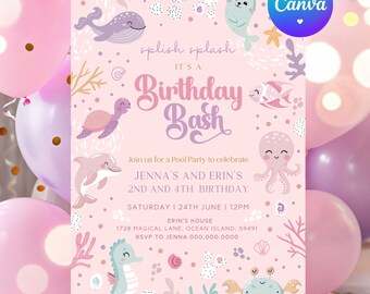 Ocean Animal Birthday Invitations. Joint Birthday Invite. Under the Sea Theme. Printable Sibling Joint Party Template. Instant Download. Z3