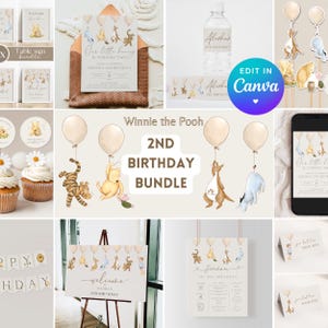 May include: A selection of Winnie the Pooh themed 2nd birthday party decorations. Includes invitations, water bottle labels, cupcake toppers, a banner, a welcome sign, and other items. Features illustrations of Pooh, Tigger, Eeyore, and other characters.