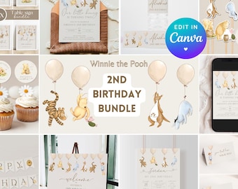 May include: A collection of Winnie the Pooh themed 2nd birthday party supplies. Includes invitations, water bottle labels, cupcake toppers, a banner, a welcome sign, and other decorations. Features illustrations of Pooh, Tigger, Eeyore, and other characters.