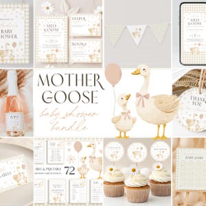 Silly Goose Baby Shower Bundle. Gender Neutral Gingham Mother Goose Invitation, Fun Editable Games Set, Party Decor, Printable Templates. G4