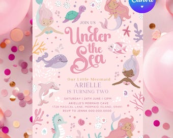 2e anniversaire sirène modifiable - invitation à une fête d'anniversaire - impression numérique - thème sous-marin - filles roses Ocean Life Z1