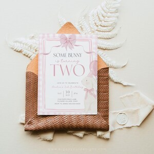 Some Bunny is Turning Two Invites Canva Editable Pink Coquette Invitation Girls 2nd Birthday Gingham Second Party Spring Rabbit Bow Theme