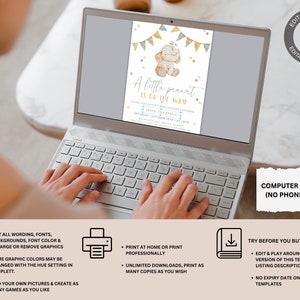 Op de afbeelding: Een computerscherm waarop een afdrukbare babyborrel-uitnodigingstemplate te zien is met een schattige olifant-illustratie. De uitnodiging is voor een babyborrel met de tekst "A little peanut is on the way". De template is bewerkbaar en kan thuis of professioneel worden afgedrukt.