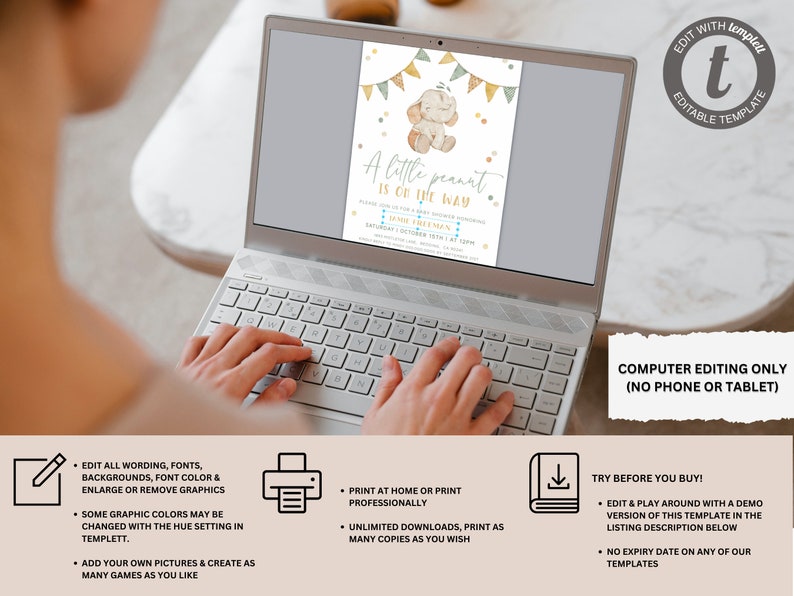 Op de afbeelding: Een computerscherm waarop een afdrukbare babyborrel-uitnodigingstemplate te zien is met een schattige olifant-illustratie. De uitnodiging is voor een babyborrel met de tekst "A little peanut is on the way". De template is bewerkbaar en kan thuis of professioneel worden afgedrukt.