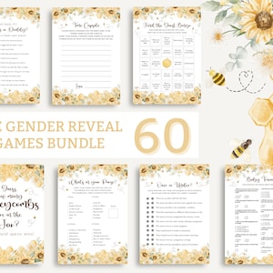 Bee Gender Reveal Games Bundle. Printable 60x Bumble Bee Fun Game Set. Honey Bee Themed Party Supplies. Digital Editable Baby Activities. B1