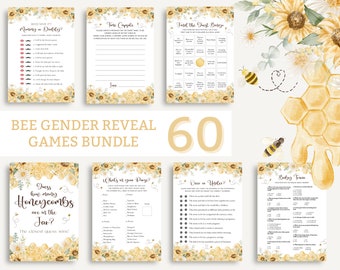 May include: A set of 60 bee-themed gender reveal games for a baby shower. The games include "Who Said It: Mommy or Daddy?", "Guess How Many Honeycombs Are in the Jar?", "Over or Under?", "Baby Trivia", "What's on Your Page?", and "Find the Guest Bingo".