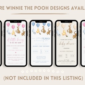 May include: Four Winnie the Pooh themed phone invitation templates. The invitations are for a baby shower and first birthday parties. The invitations feature Winnie the Pooh, Piglet, Tigger, and Eeyore characters with balloons.