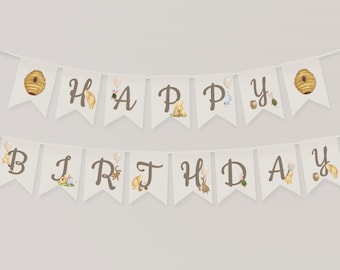 Classic Winnie the Pooh First Birthday Decorations. Happy 1st Birthday Banner Party Supplies Gender Neutral Garland. Hanging Bunting Flag B2