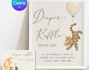 Diaper Raffle Ticket | Diaper Raffle Sign | Classic Winnie the Pooh Balloons Decoration | Vintage Baby Shower Signage Printable Template. N1