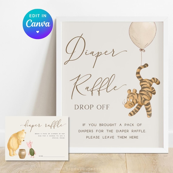 Diaper Raffle Ticket | Diaper Raffle Sign | Classic Winnie the Pooh Balloons Decoration | Vintage Baby Shower Signage Printable Template. N1